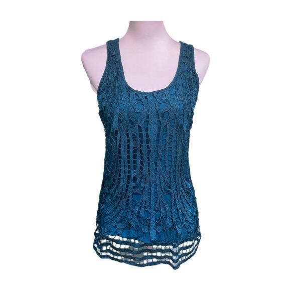 LC Lauren Conrad teal crochet overlay tank top metallic shimmer boho glam M - Picture 2 of 10